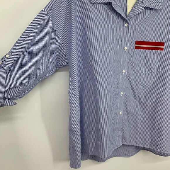 Zara Shirt Poplin Blue Stripe Button Down Roll Tab Sleeve Top - Picture 9 of 12